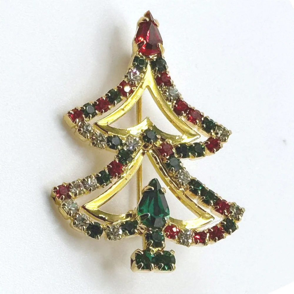 Vintage Christmas Tree Brooch Gold Tone Red Green Clear Rhinestone Holiday Pin